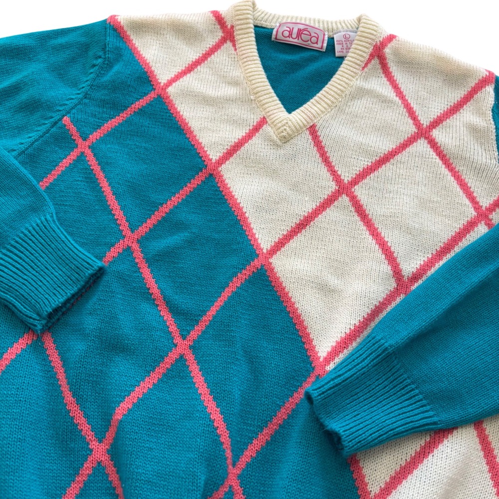 Vtg 80s Aurea Argyle V-Neck Sweater Teal Pink Cream Acrylic Knit Womens Large